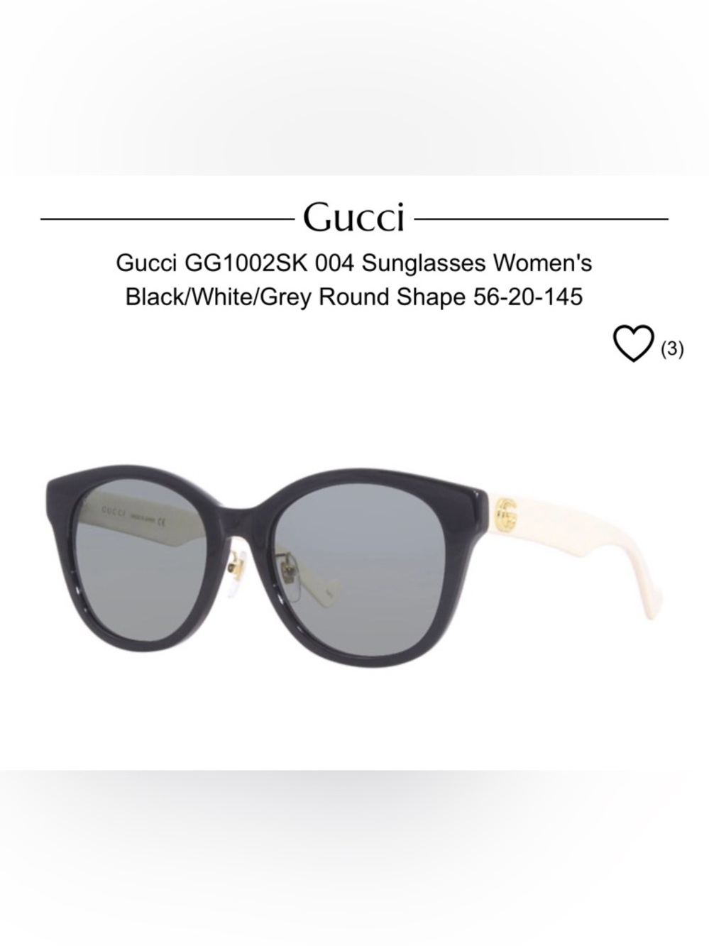 Gucci GG1002SK Black Front White Temples Round Sunglasses with Gray Lenses